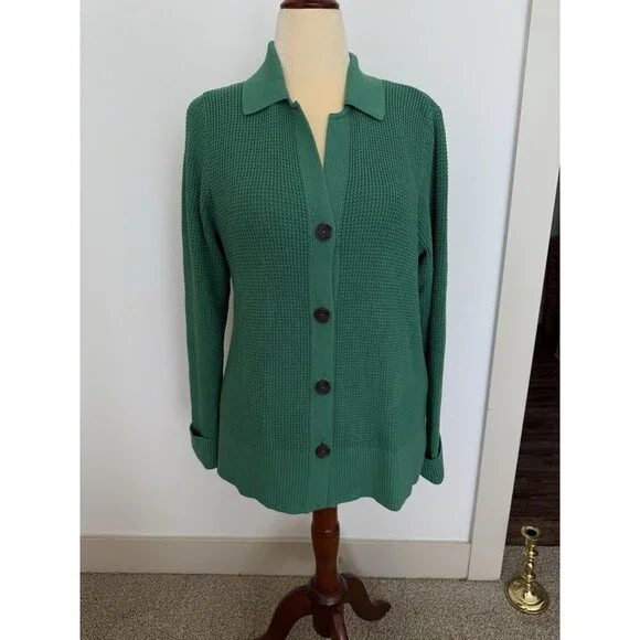 J. Jill Green Waffle Knit Collared Button Up Classic Cardigan Women's Size Med. - Picture 1 of 16